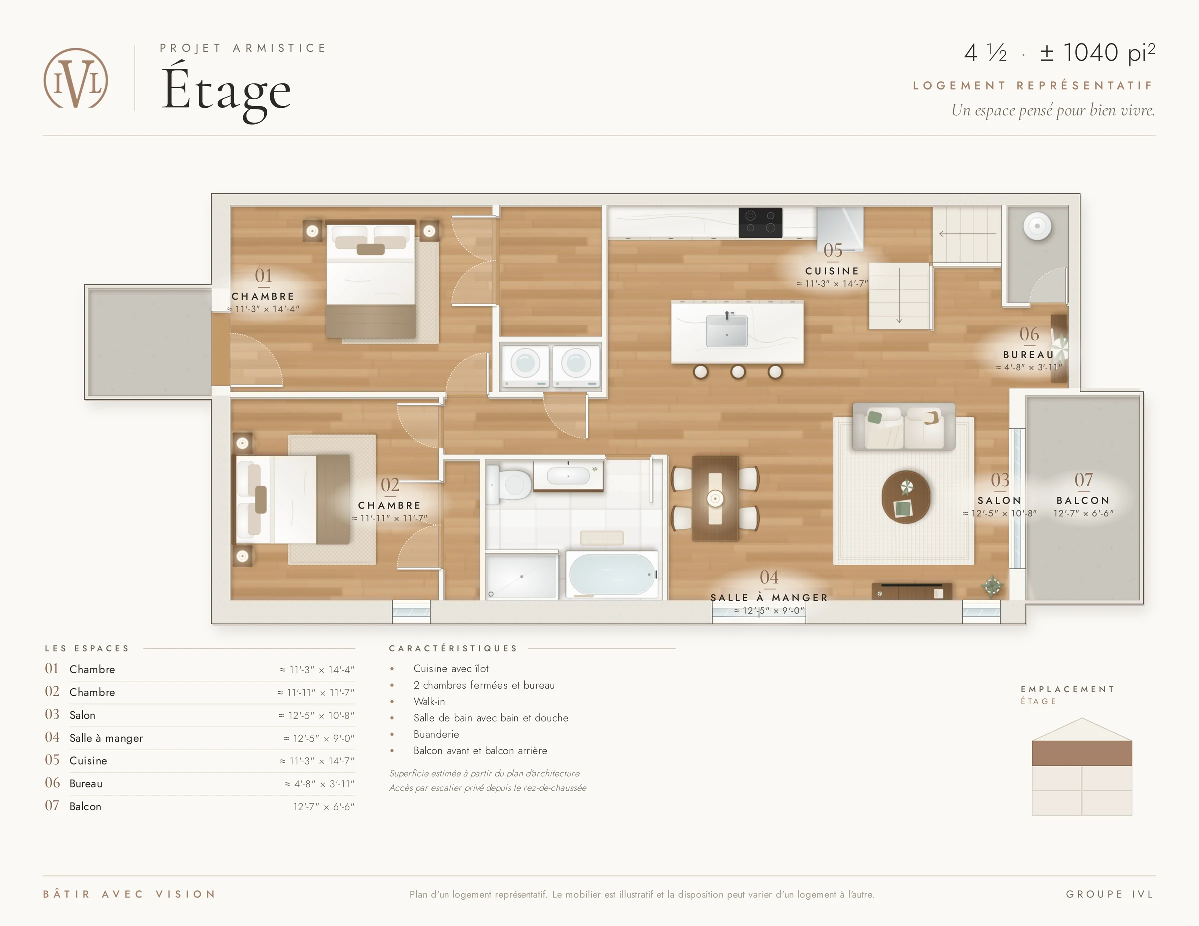 Plan du logement type de l’étage : deux chambres, bureau, salle de bain, cuisine avec îlot ouverte sur l’aire de vie, et balcon.