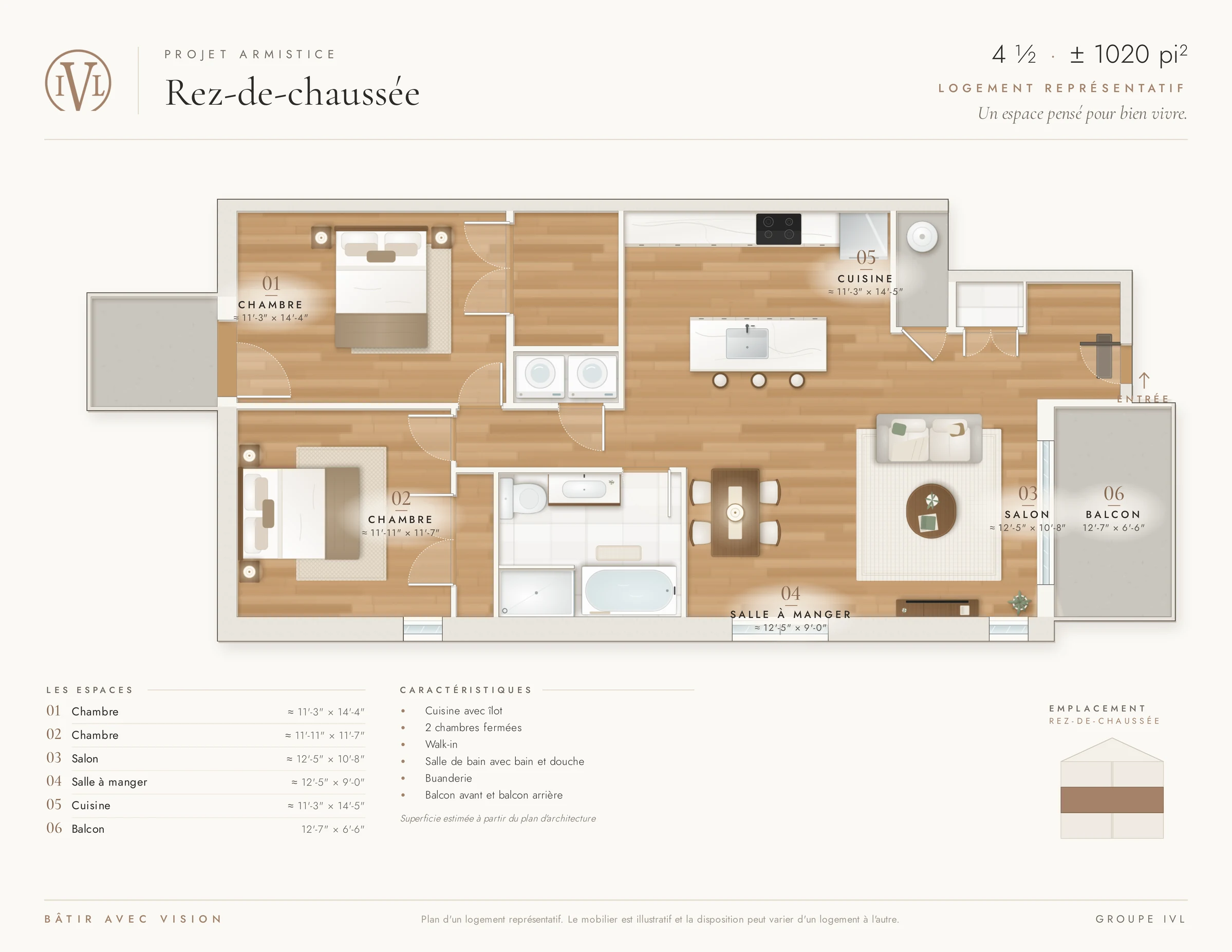 Plan du logement type du rez-de-chaussée : deux chambres, salle de bain, cuisine avec îlot ouverte sur l’aire de vie, et balcon.