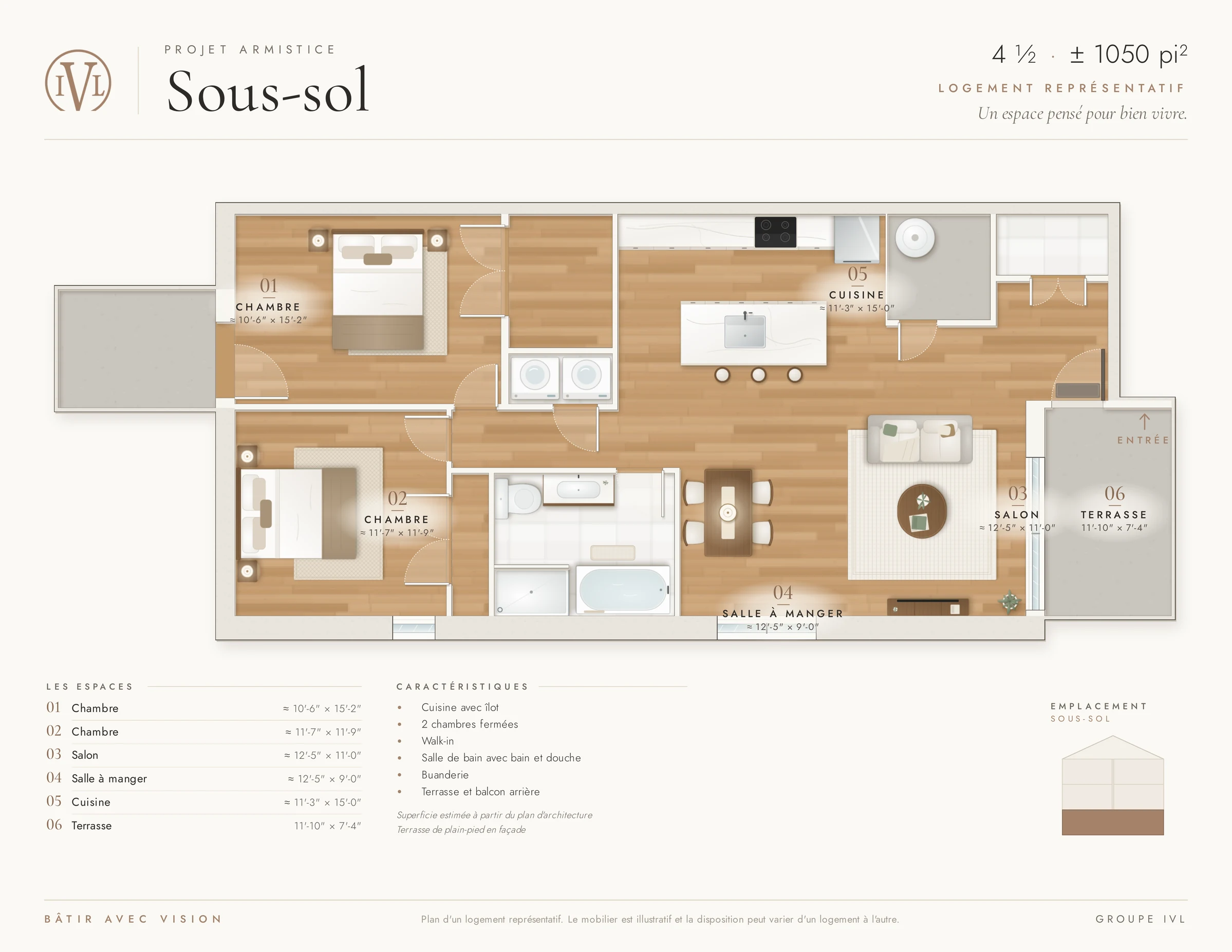 Plan du logement type du sous-sol : deux chambres, salle de bain, cuisine avec îlot ouverte sur l’aire de vie, et terrasse de plain-pied.