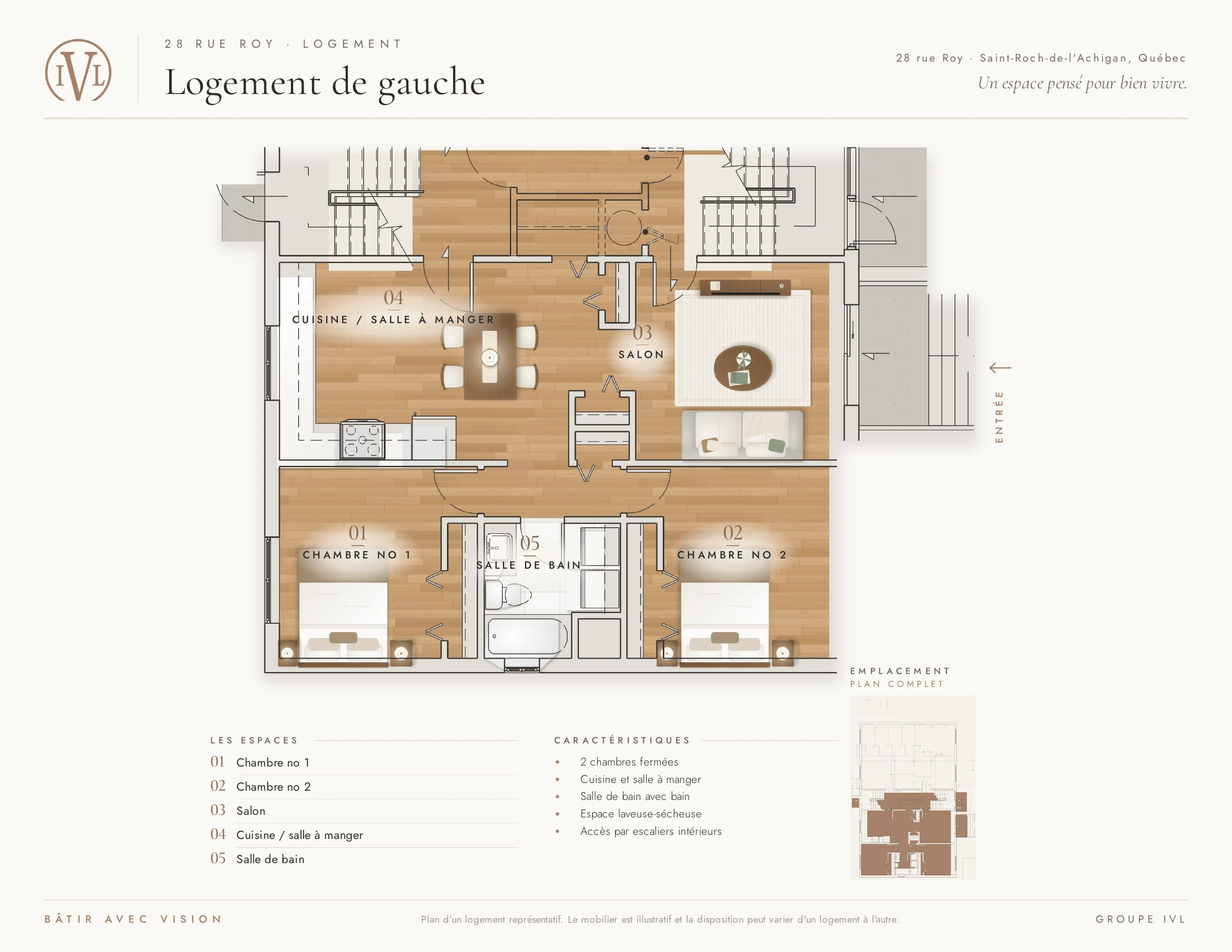 Plan du logement de gauche : deux chambres fermées, salle de bain, cuisine ouverte sur la salle à manger et salon.
