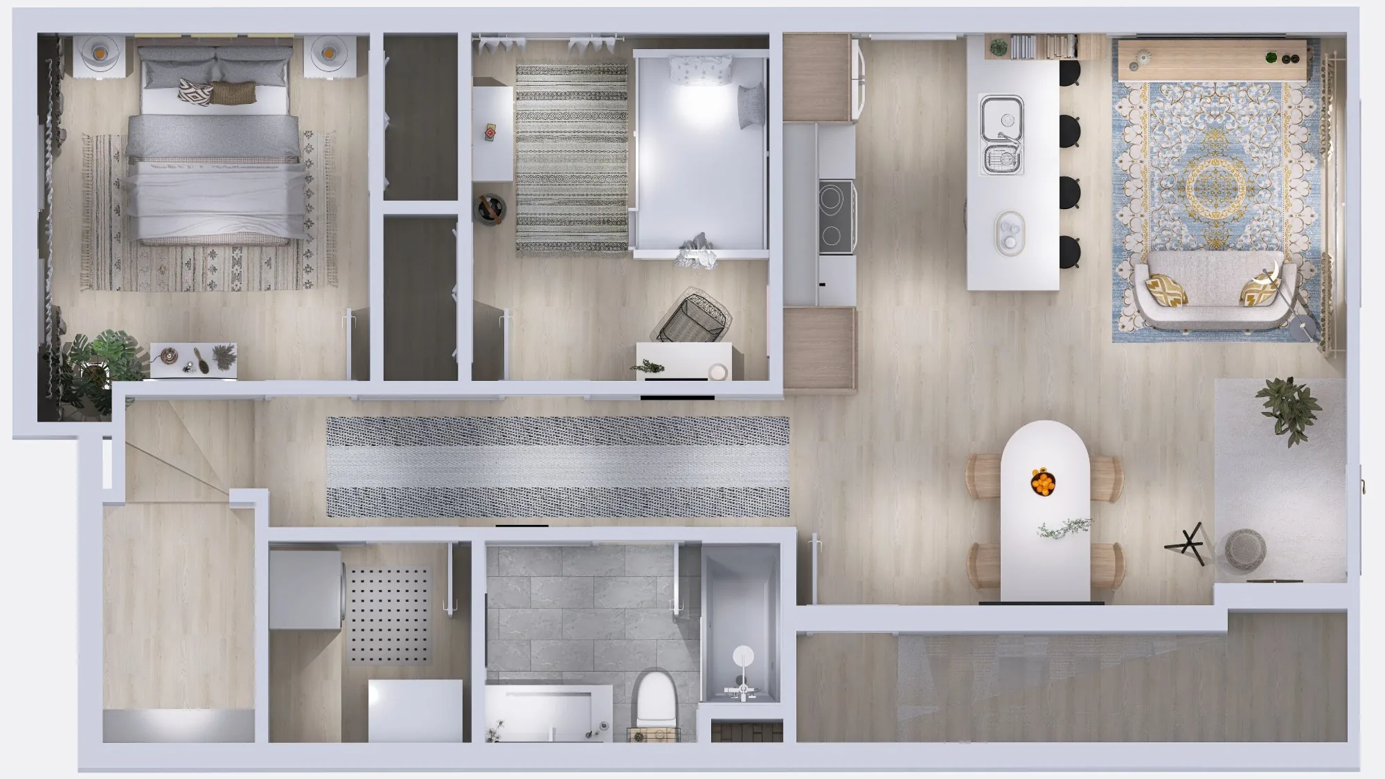 Projection en trois dimensions d’un logement vu du dessus : chambres, salle de bain, cuisine avec îlot et aire de vie