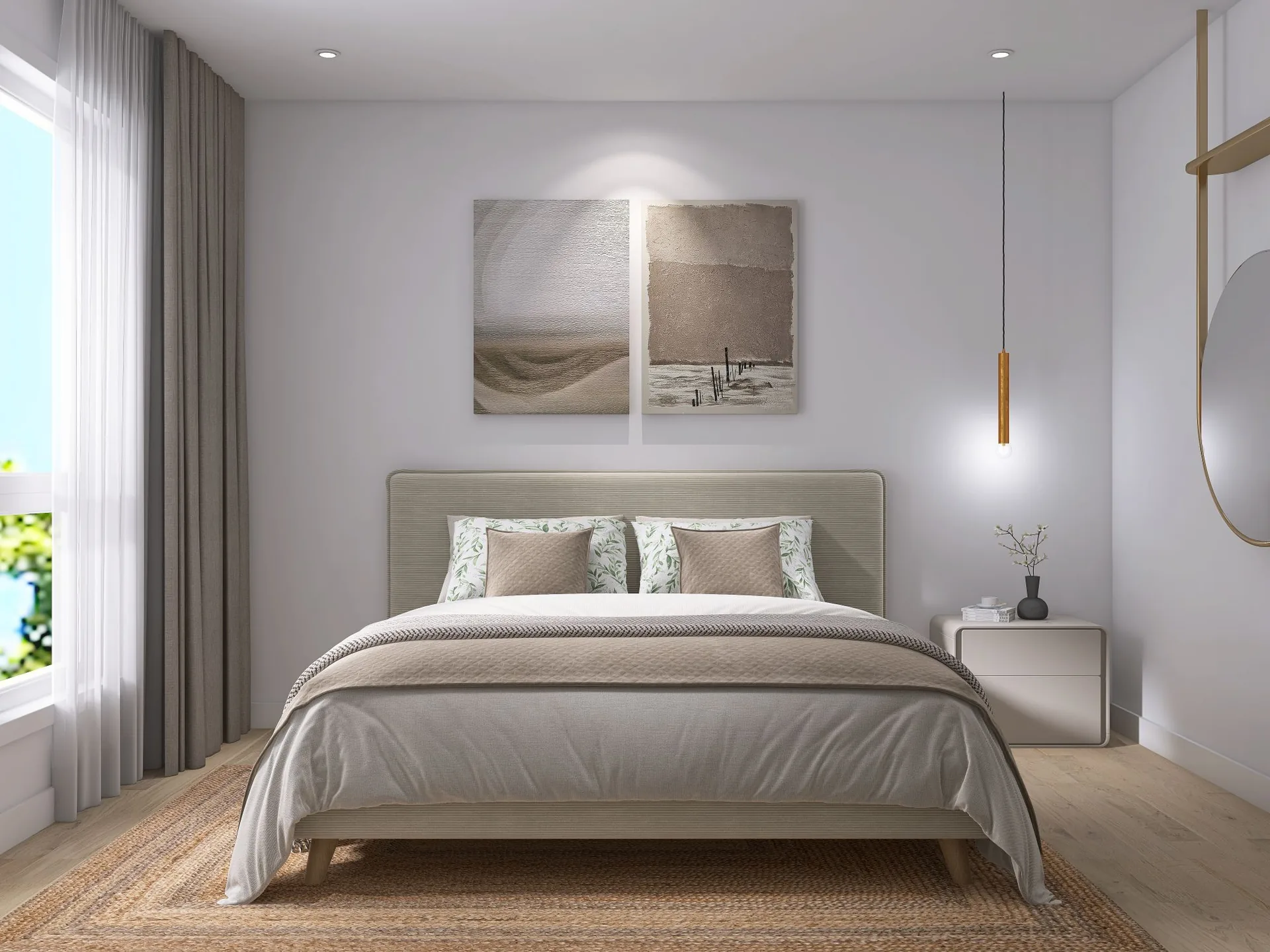 Une chambre, éclairée par une fenêtre pleine hauteur