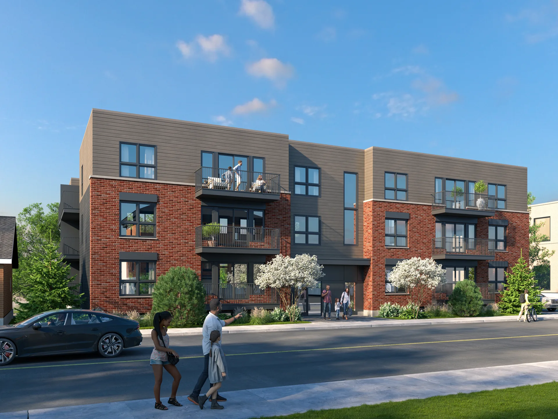 L’immeuble vu depuis la rue Saint-Joseph, brique rouge et revêtement de bois