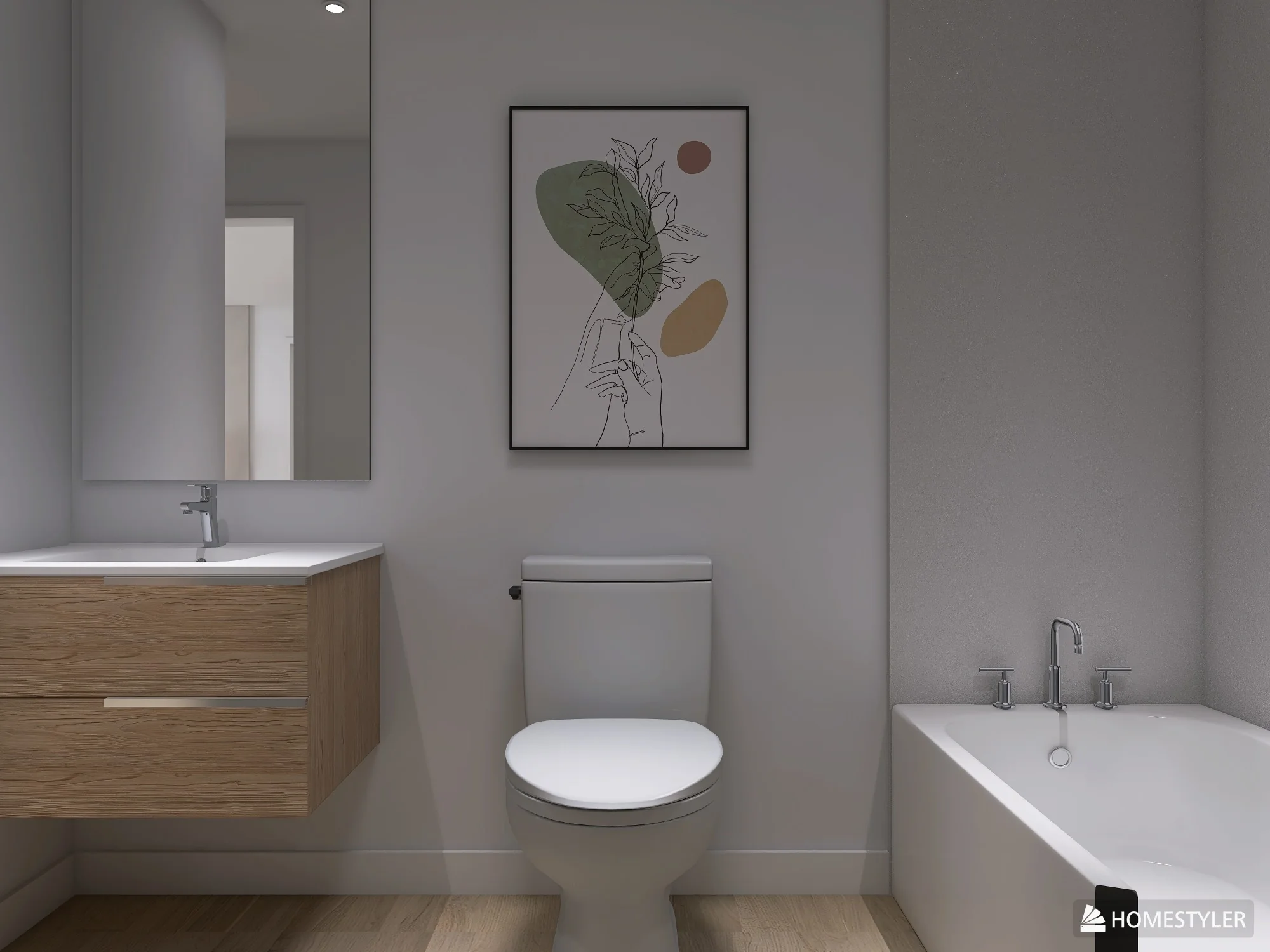 La salle de bain : vanité suspendue, grand miroir et baignoire