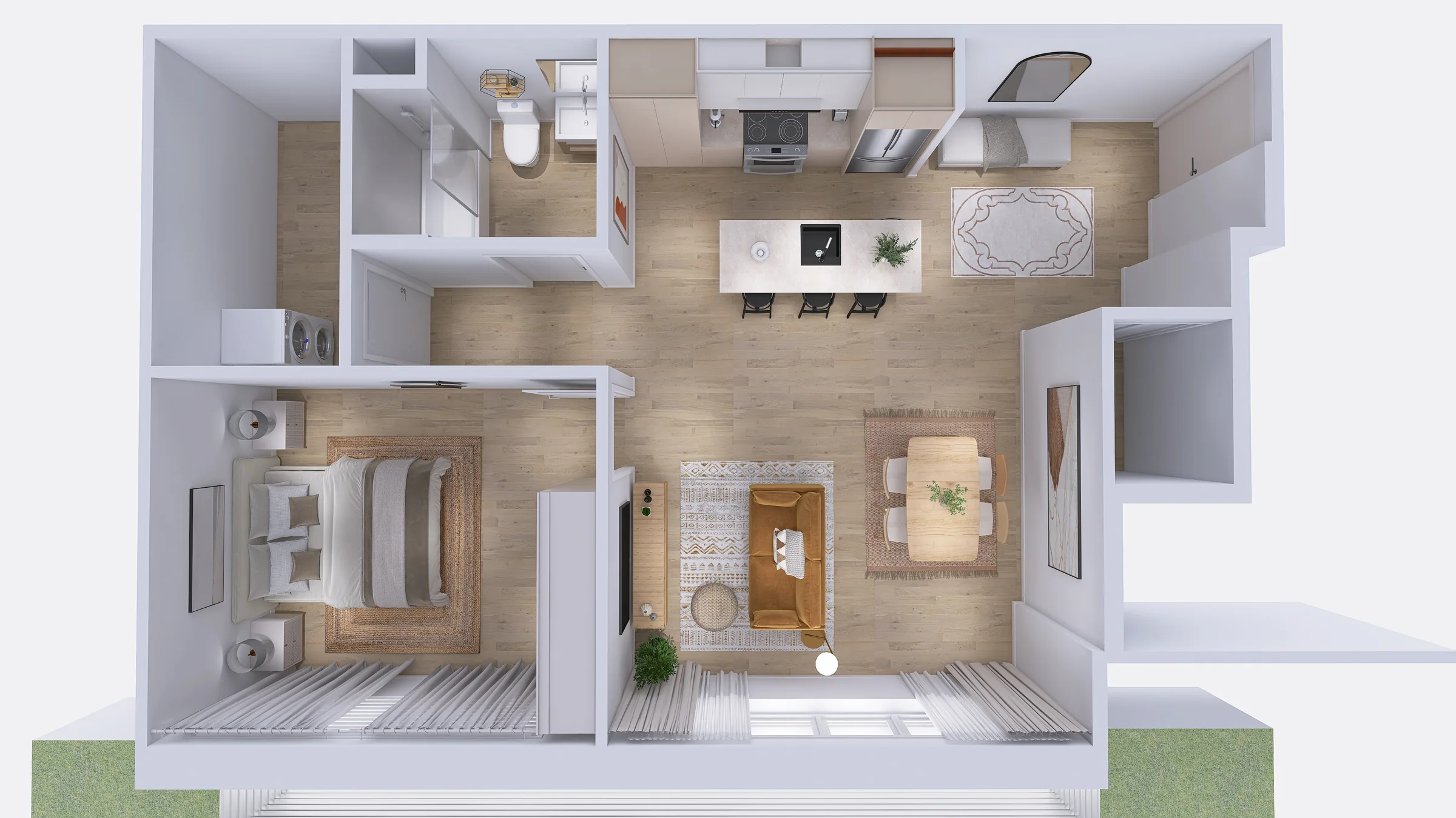 Projection d’un logement vu du dessus : aire de vie ouverte sur la cuisine, avec îlot