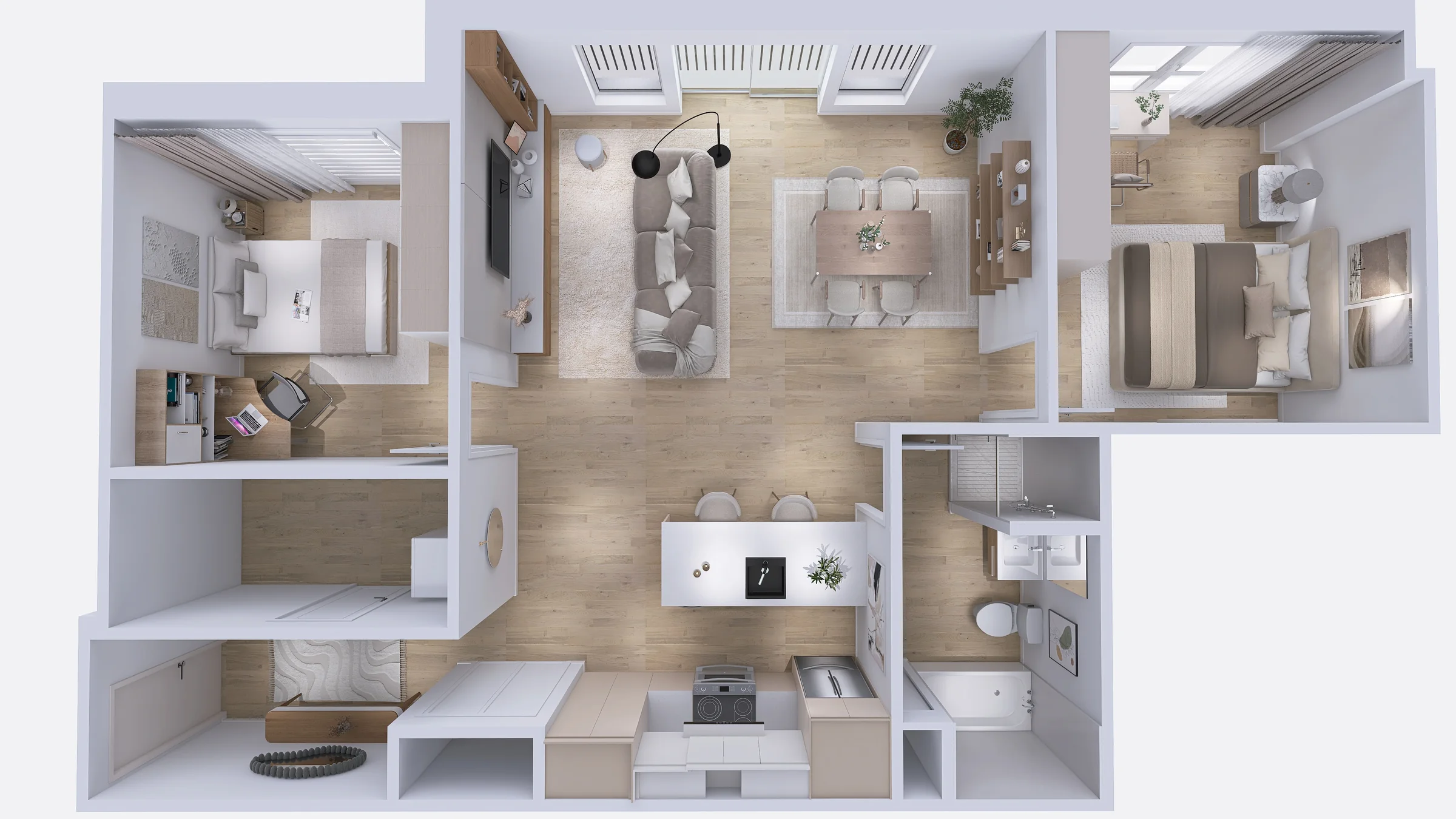 Projection d’un logement vu du dessus : grande aire de vie et pièces attenantes
