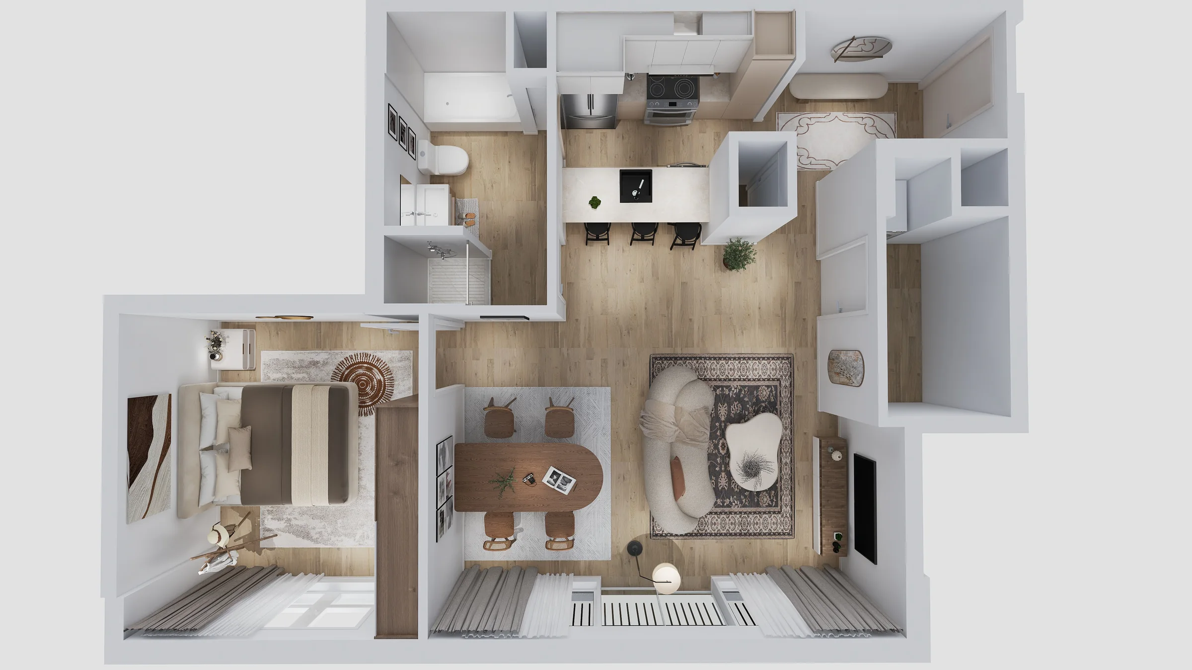 Projection d’un logement vu du dessus : séjour, coin repas et espace nuit