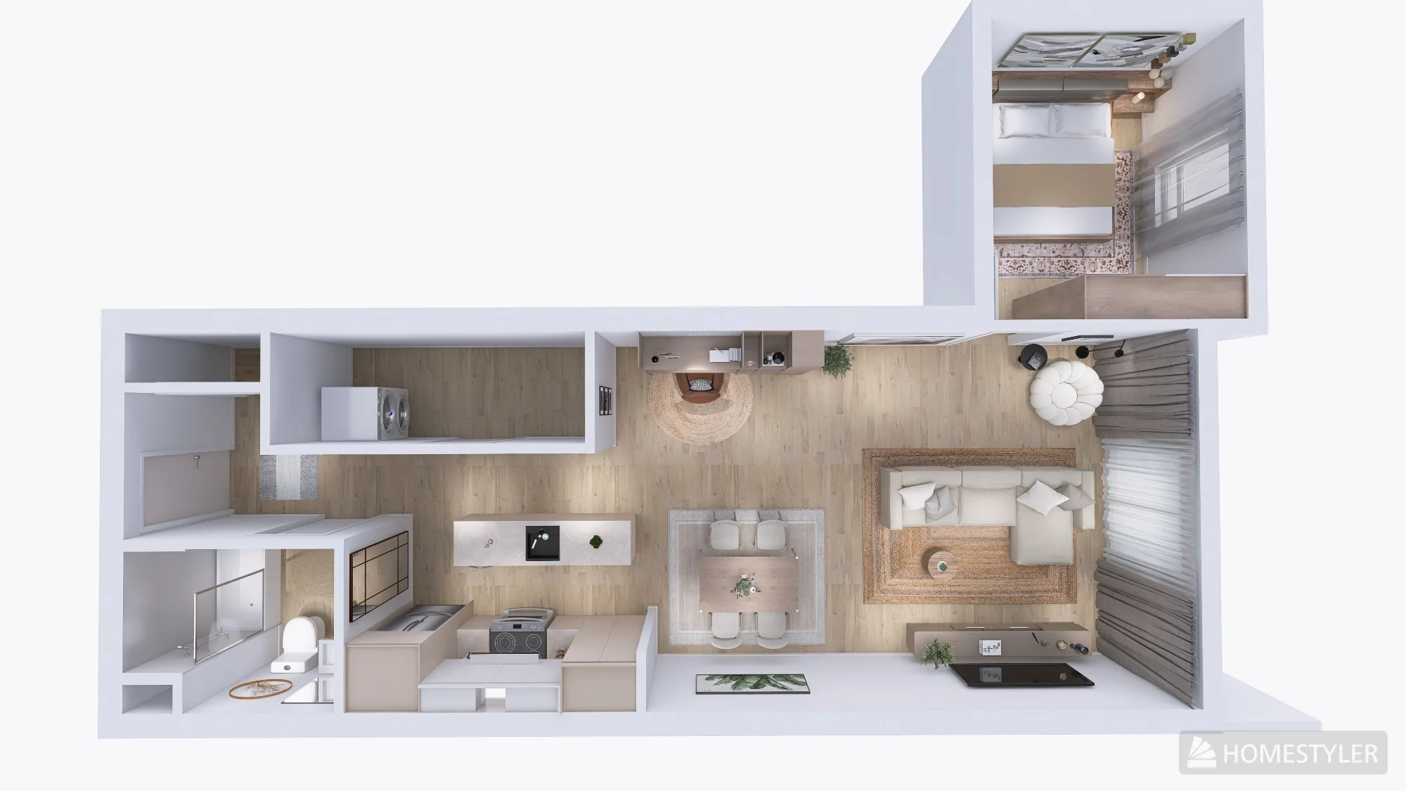 Projection d’un logement vu du dessus : aire de vie traversante, cuisine et espace nuit