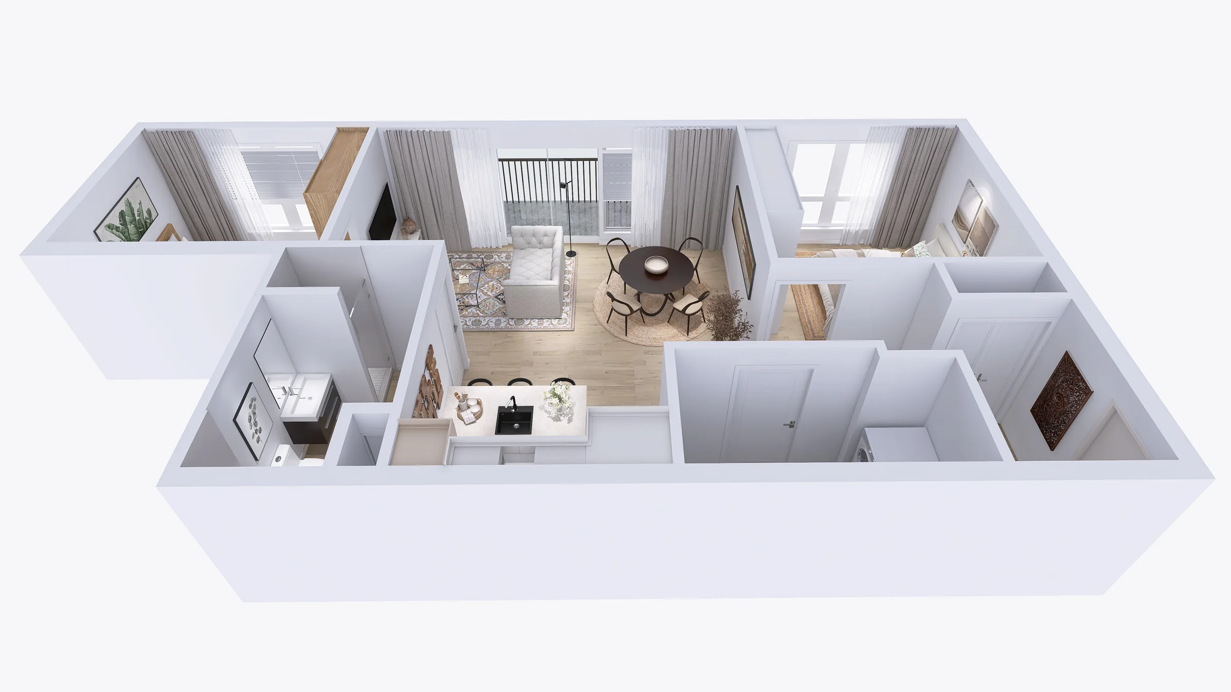 Projection d’un logement en légère perspective : aire de vie, cuisine et pièces attenantes