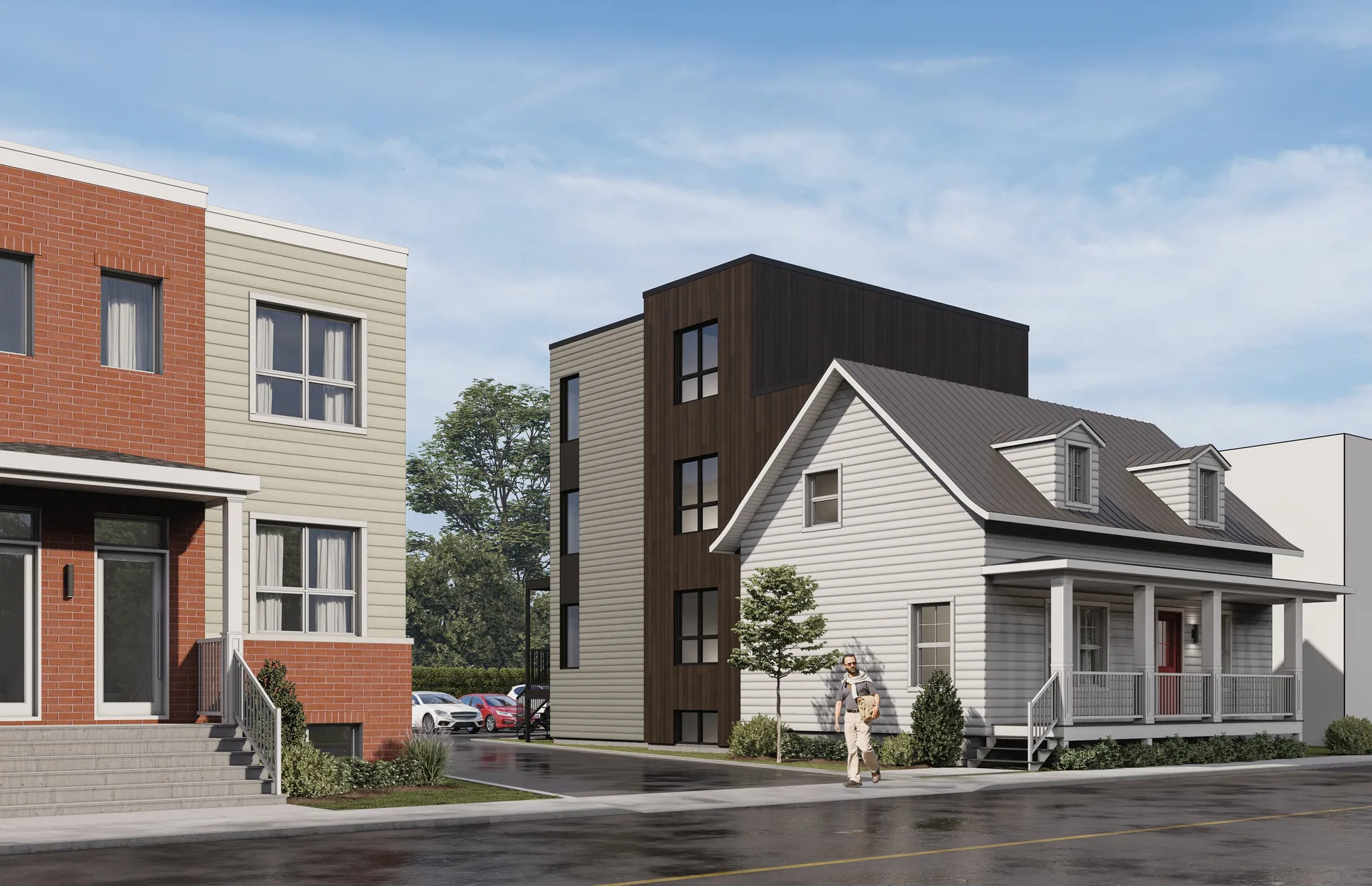 Les deux bâtiments vus depuis la rue Saint-Joseph : le 6 plex à gauche, la maison patrimoniale et son annexe à droite