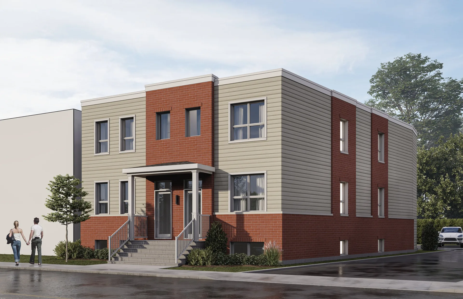Le 6 plex vu depuis la rue, brique rouge et revêtement clair
