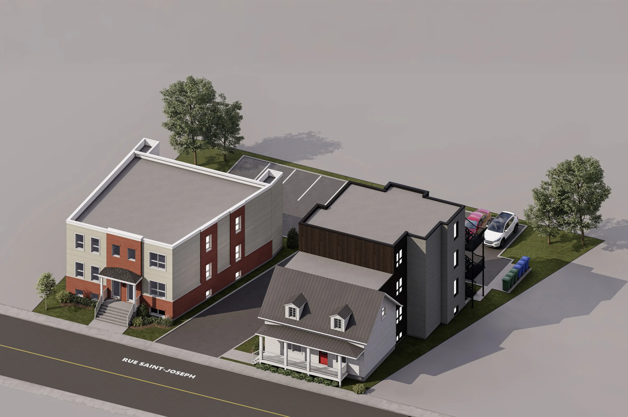 Vue axonométrique du projet : le 6 plex d’un côté, la maison patrimoniale et son annexe de l’autre, de part et d’autre de la cour