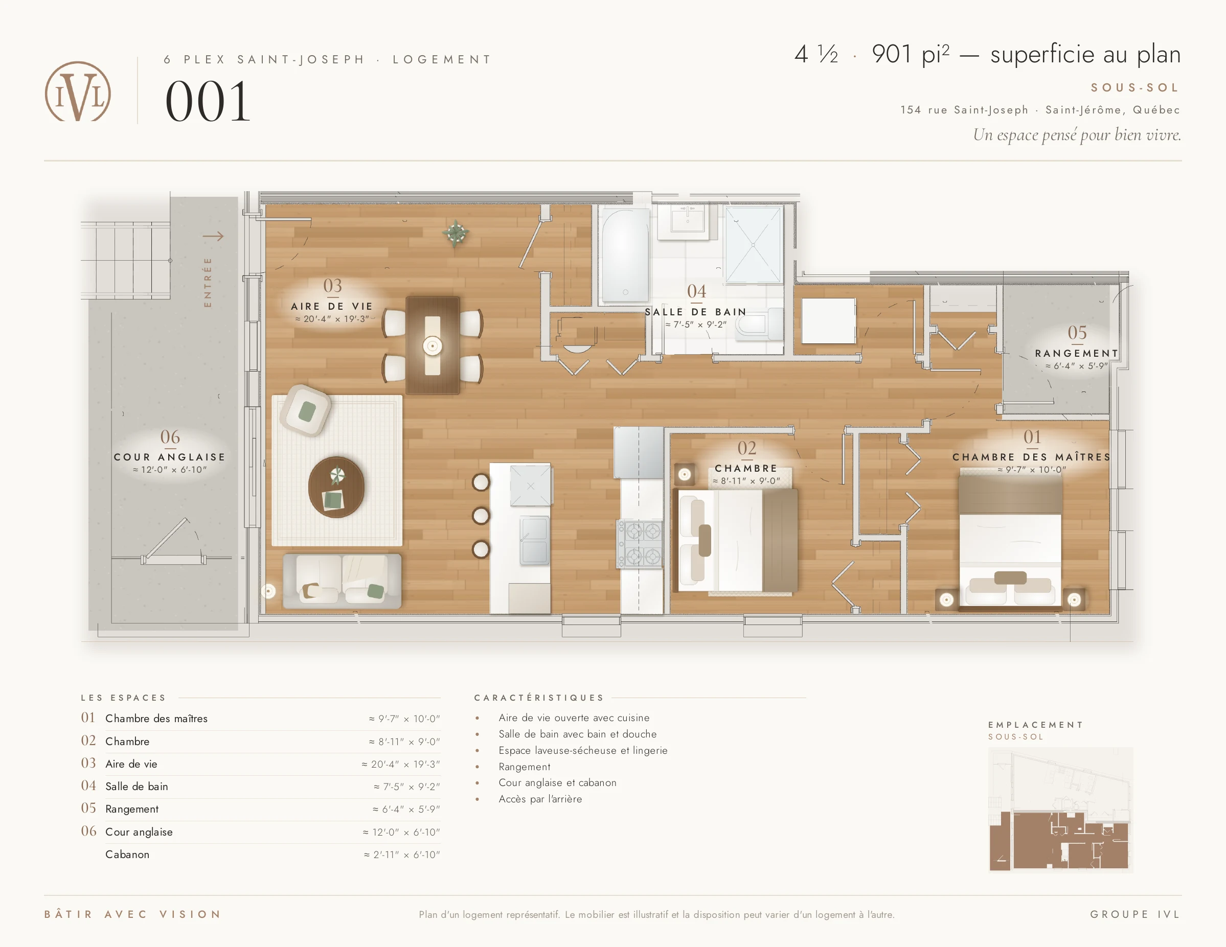 Plan du logement 001, au sous-sol : deux chambres, salle de bain, aire de vie ouverte avec cuisine, rangement et cour anglaise.
