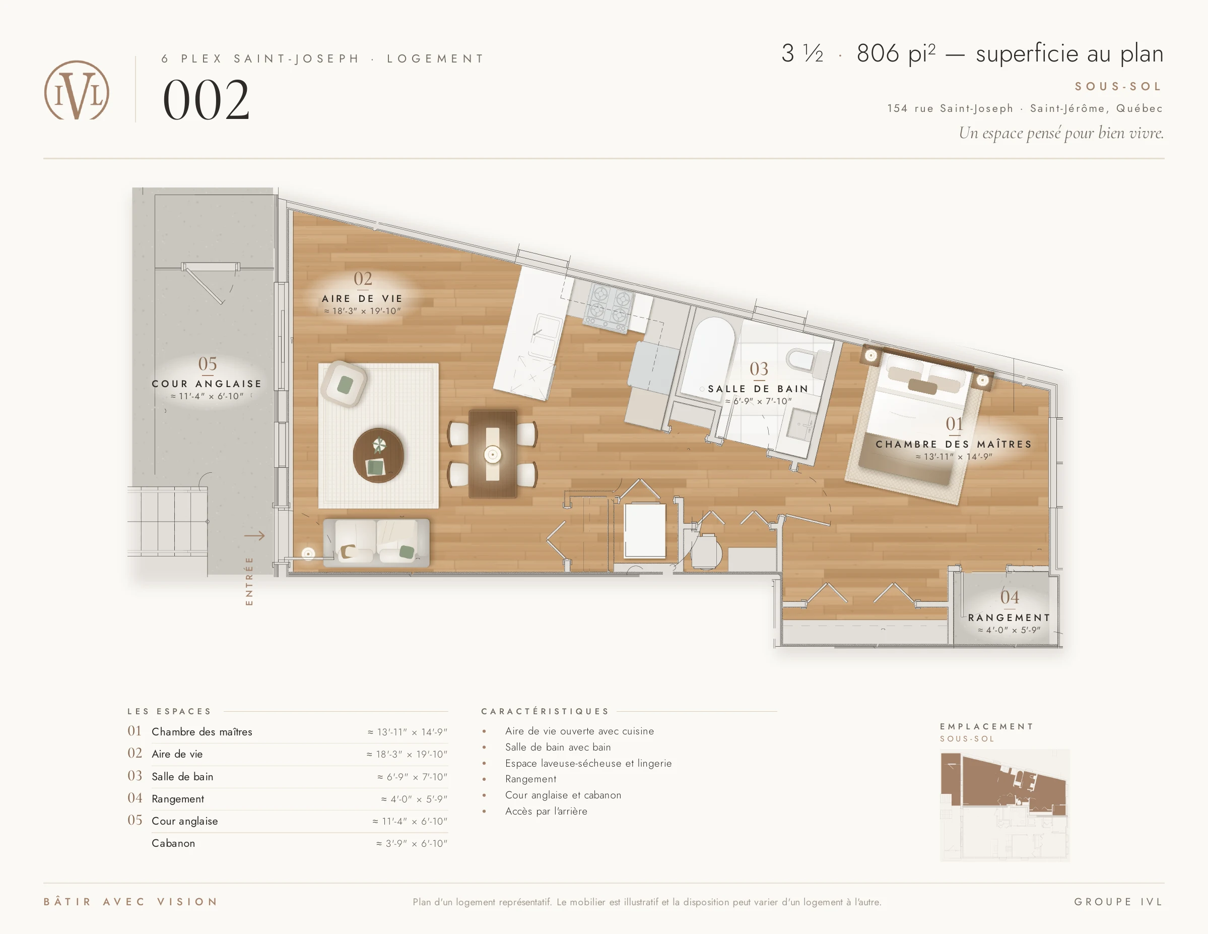 Plan du logement 002, au sous-sol : une chambre, salle de bain, aire de vie ouverte avec cuisine, rangement et cour anglaise.