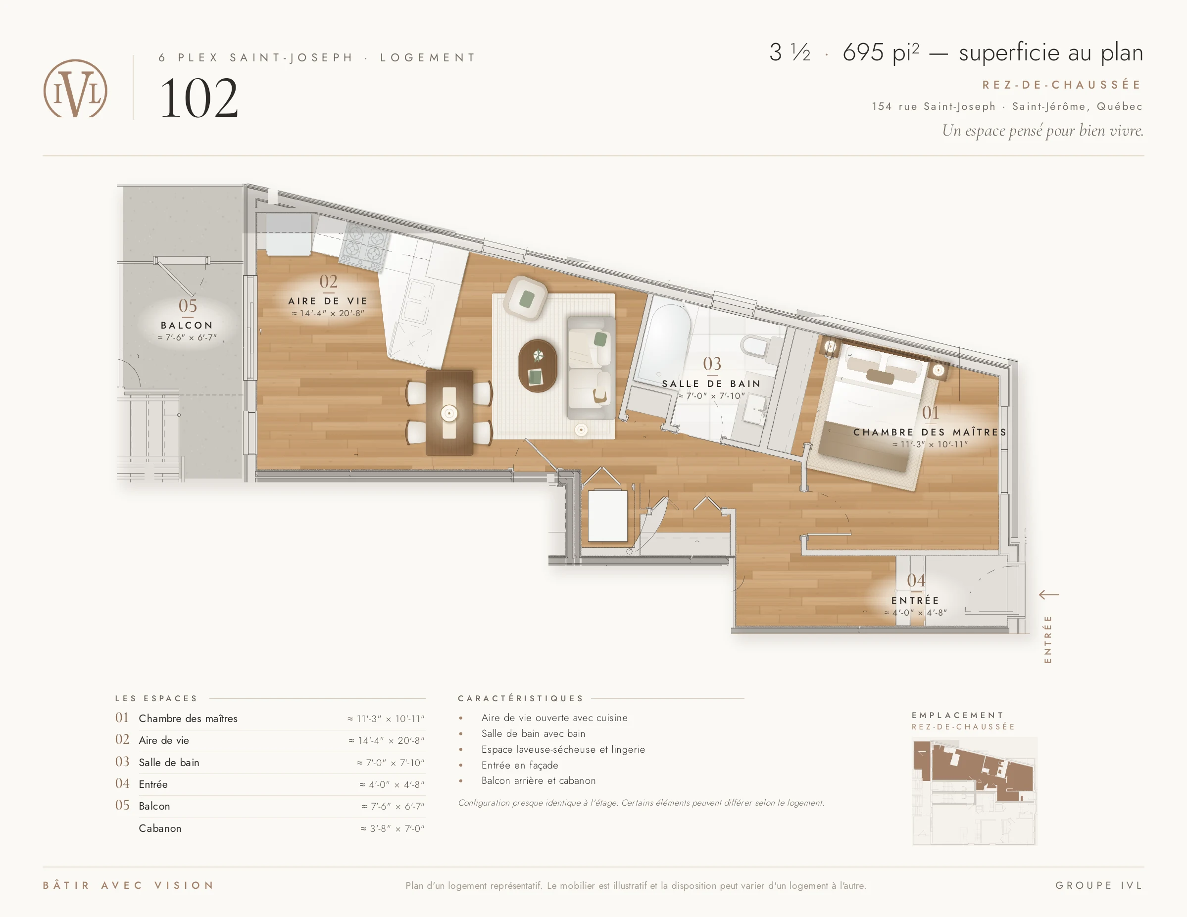 Plan du logement 102, au rez-de-chaussée : une chambre, salle de bain, aire de vie ouverte avec cuisine, entrée en façade et balcon arrière.
