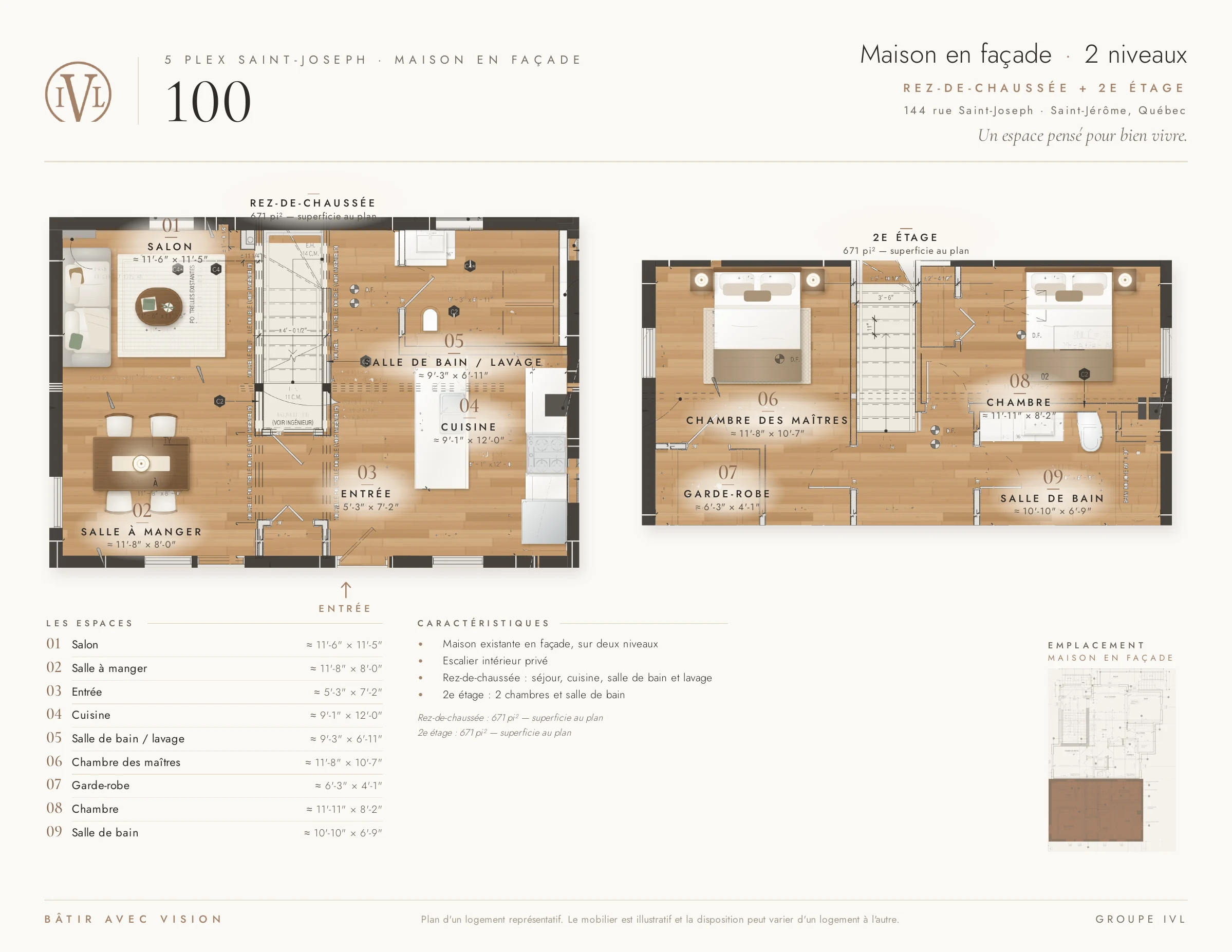 Plan du logement 100, la maison en façade : rez-de-chaussée et 2e étage présentés sur une même feuille.
