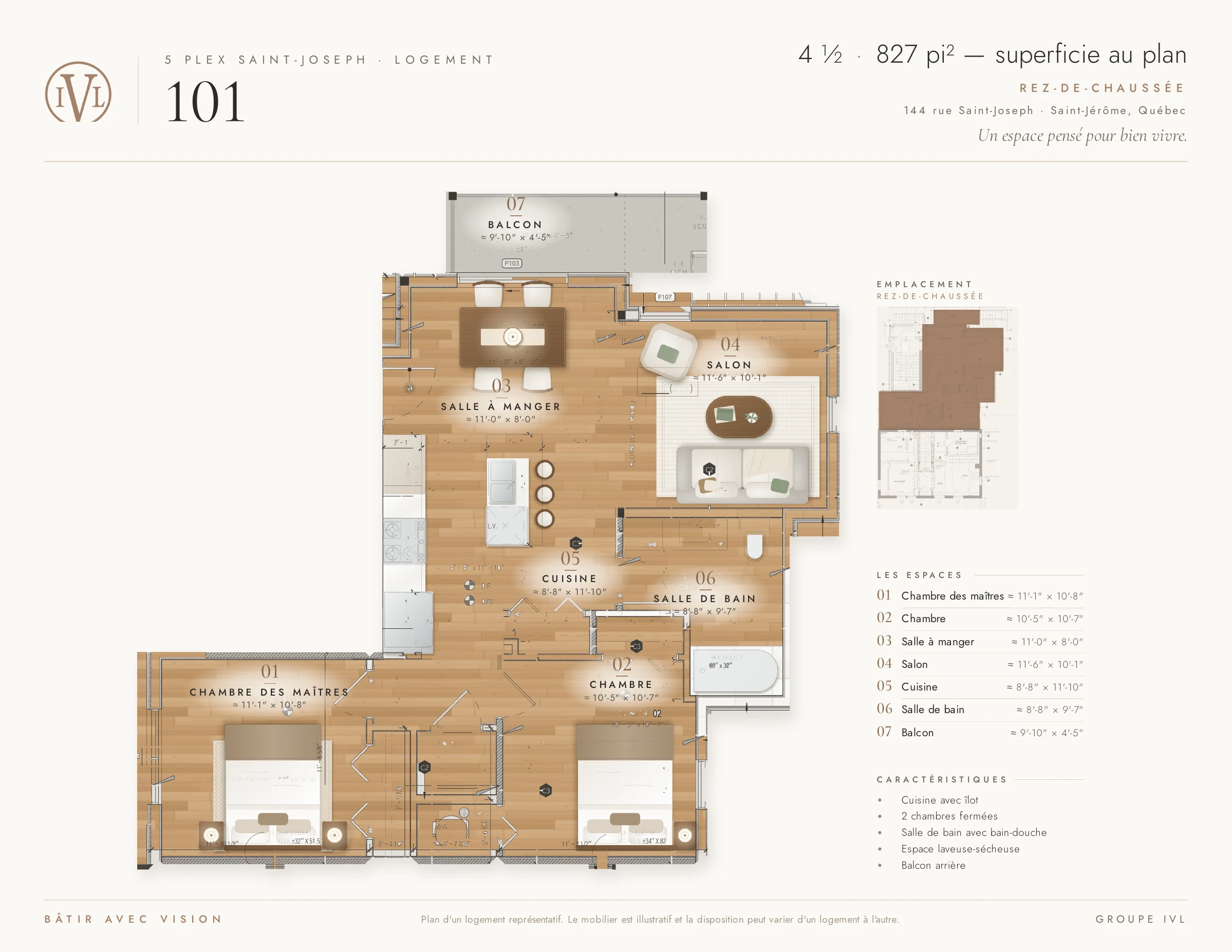 Plan du logement 101, au rez-de-chaussée du bâtiment arrière.